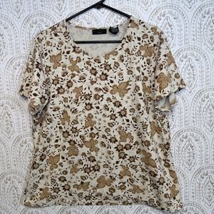 Apostrophe Woman Floral Short Sleeve Top Brown Tan Cream Nylon Spandex 16-18W